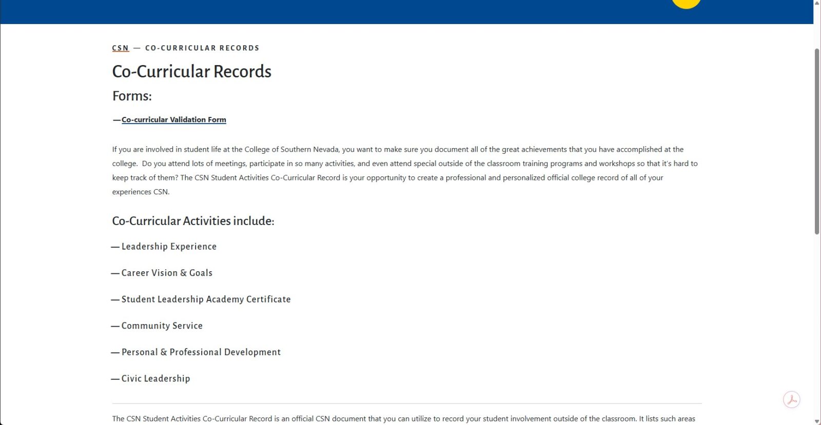 CSN Student Activities Co-Curricular Record